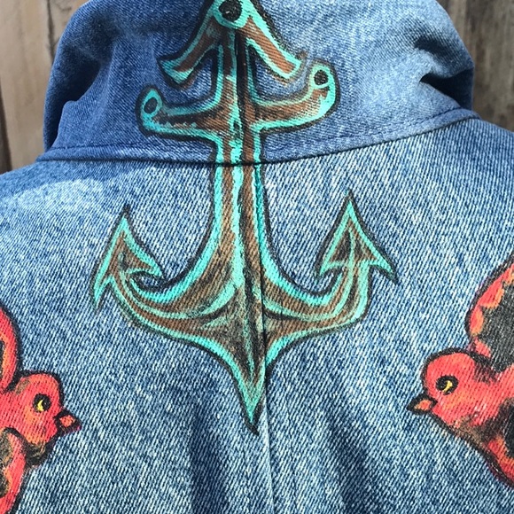 Boutique item, handmadeVictorian style jean jacket w/ flash tattoo art.
